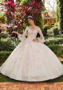 Bell Sleeve Floral Embroidered Quinceañera Dress