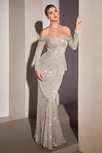 SEQUIN OFF THE SHOULDER LONG SLEEVE GOWN