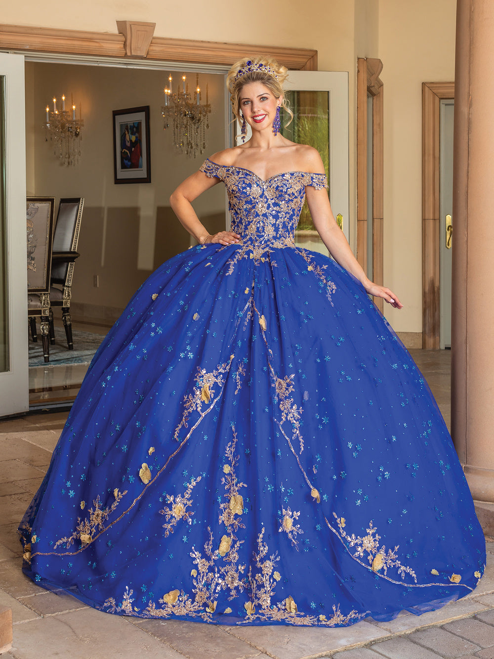 Dancing Queen Royal Blue w/ Gold Quineanera Dress