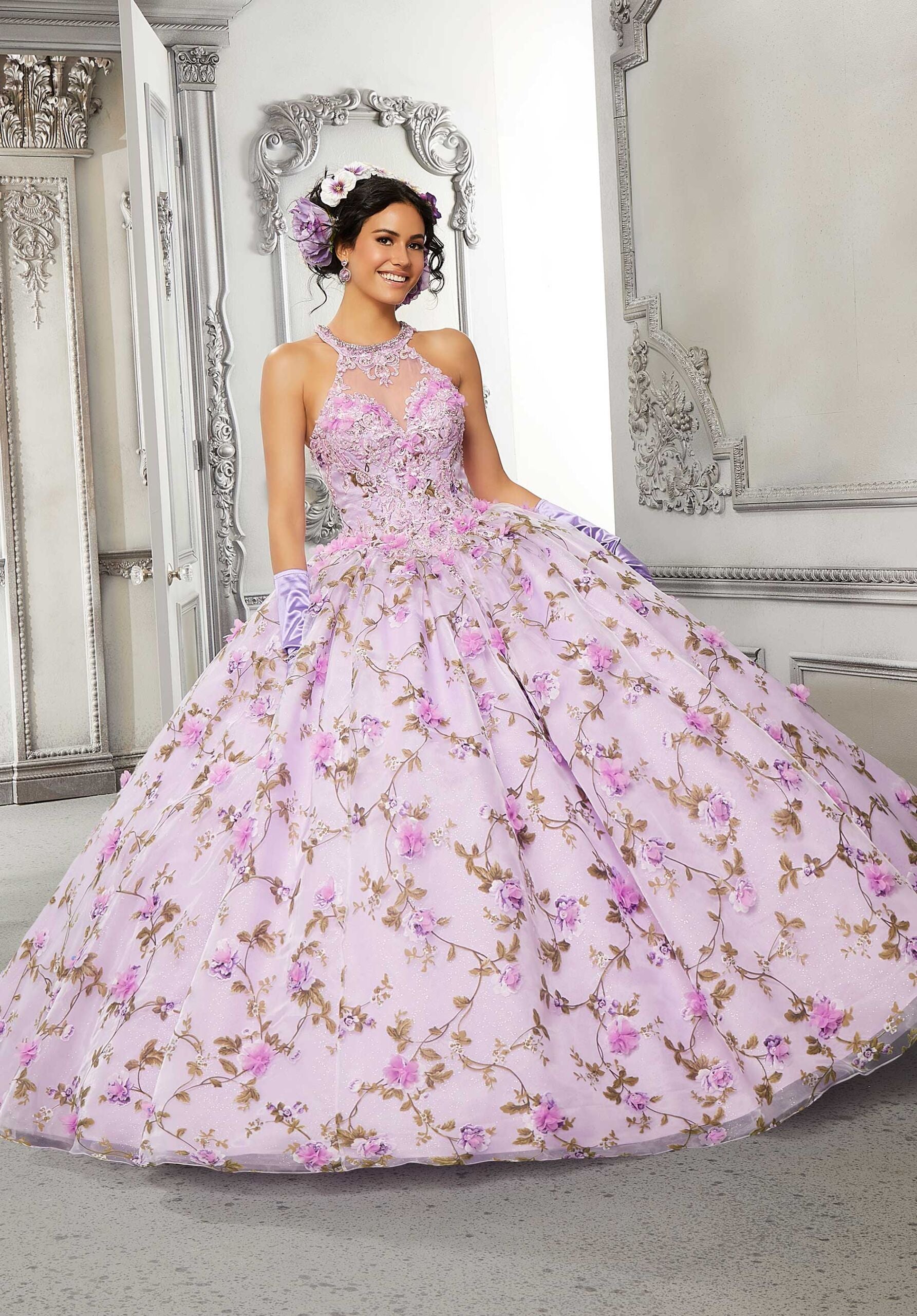 Three-Dimensional Floral Patterned Organza Quinceañera Dress