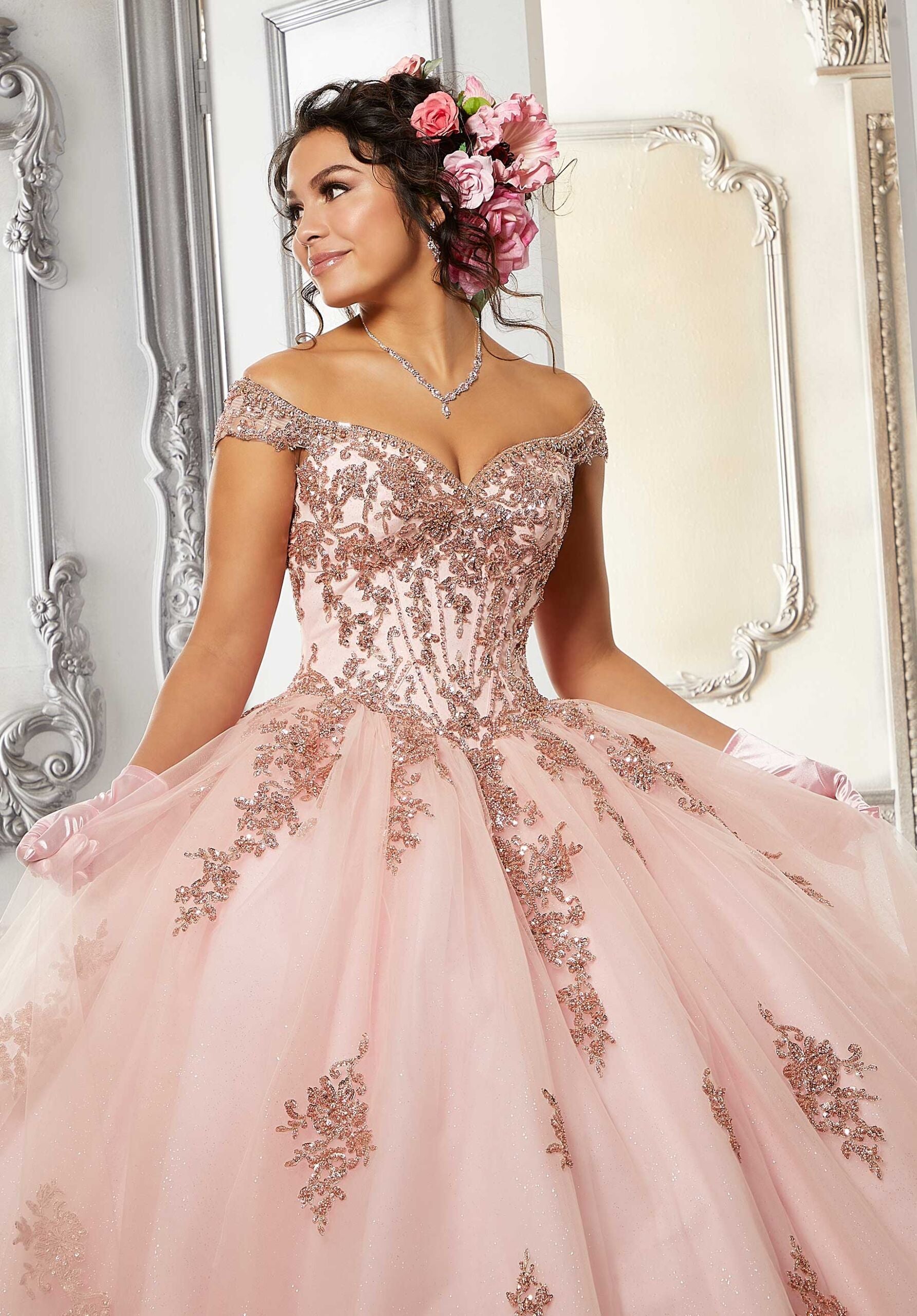 Crystal Beaded Metallic Lace Quinceañera Dress