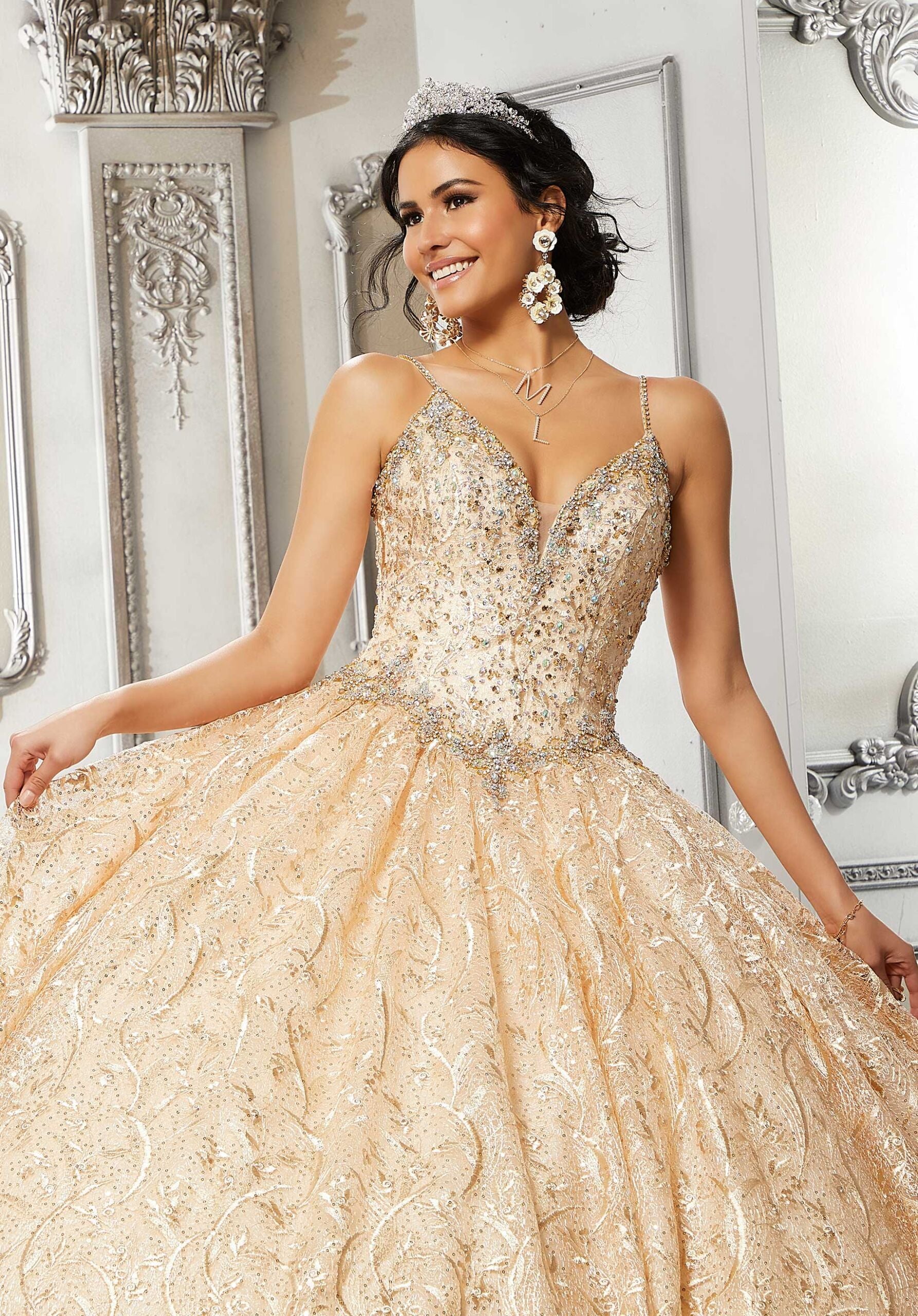 Rhinestone and Sequined Lace Quinceañera Dress