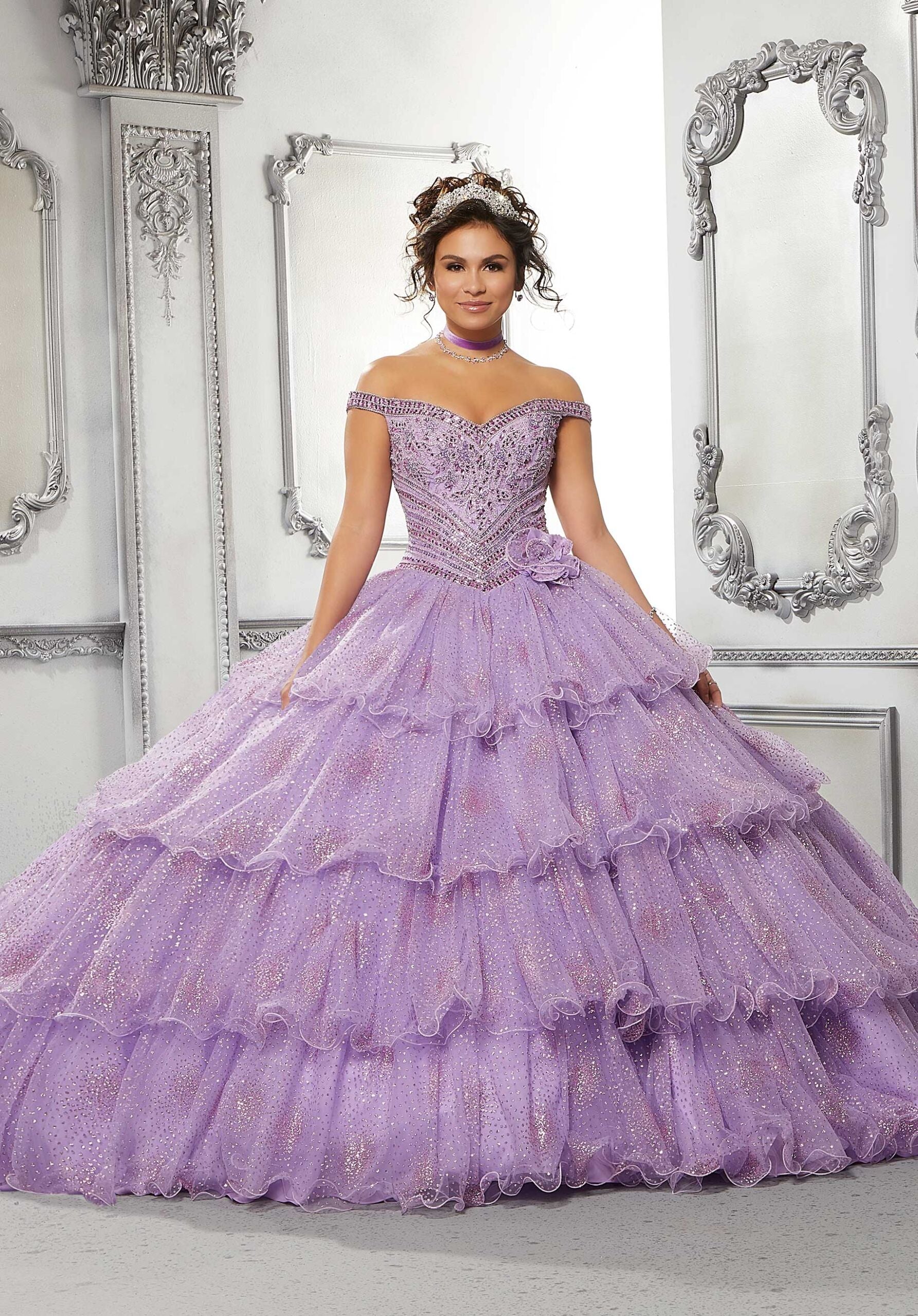 Tiered Patterned Glitter Tulle Quinceañera Dress