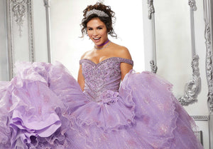 Tiered Patterned Glitter Tulle Quinceañera Dress