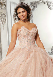 Three-Dimensional Floral Applique and Metallic Embroidered Quinceañera Dress