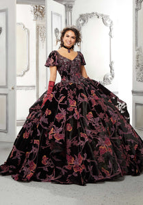 Floral Patterned Velvet Quinceañera Dress